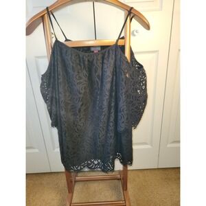 Vince Camuto Black Lace Blouse Off Shoulder With Staps  Eyelash Bottom Trim Sz S
